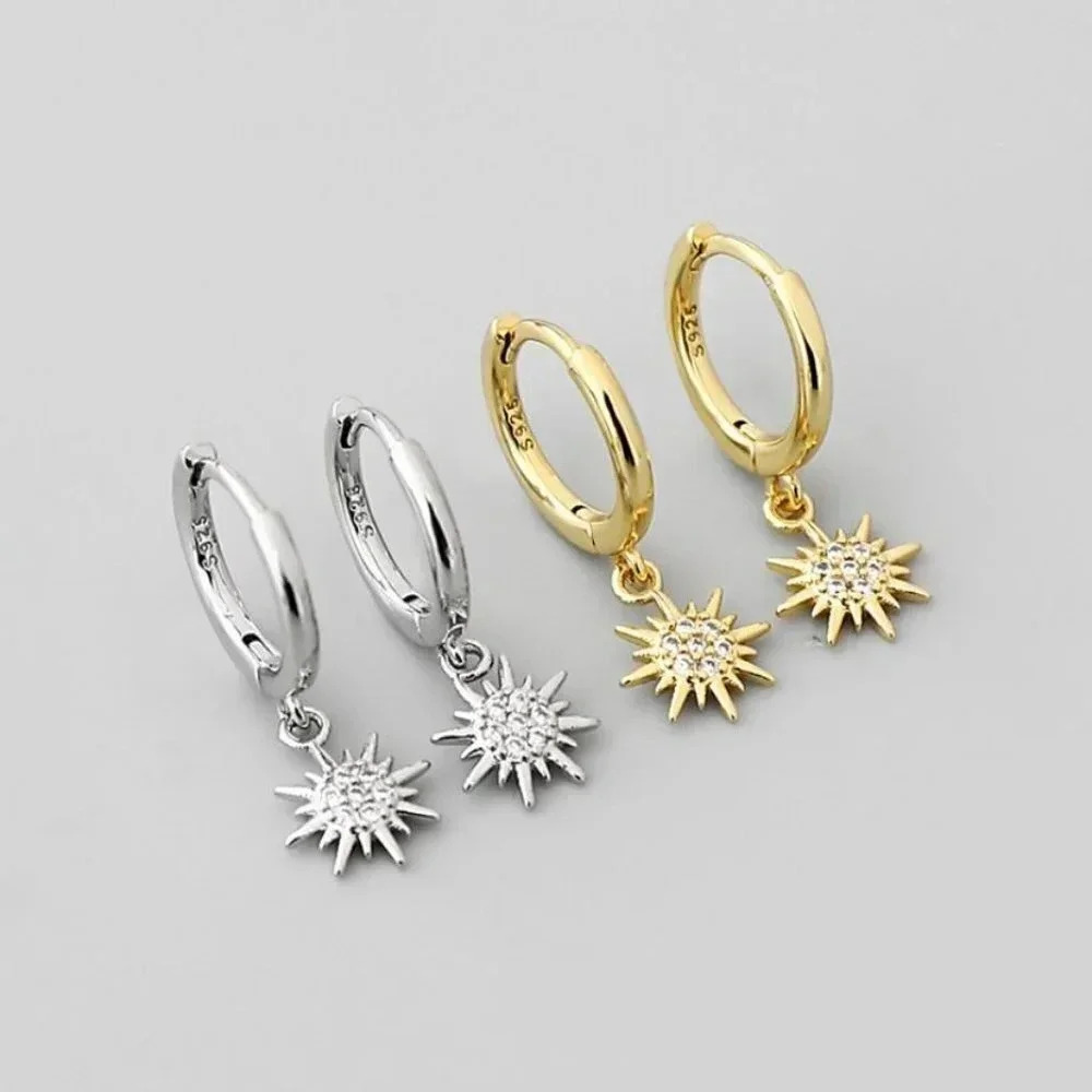 925 Sterling Silver Heart Sun Hoop Huggie Earrings (Silver or Gold)